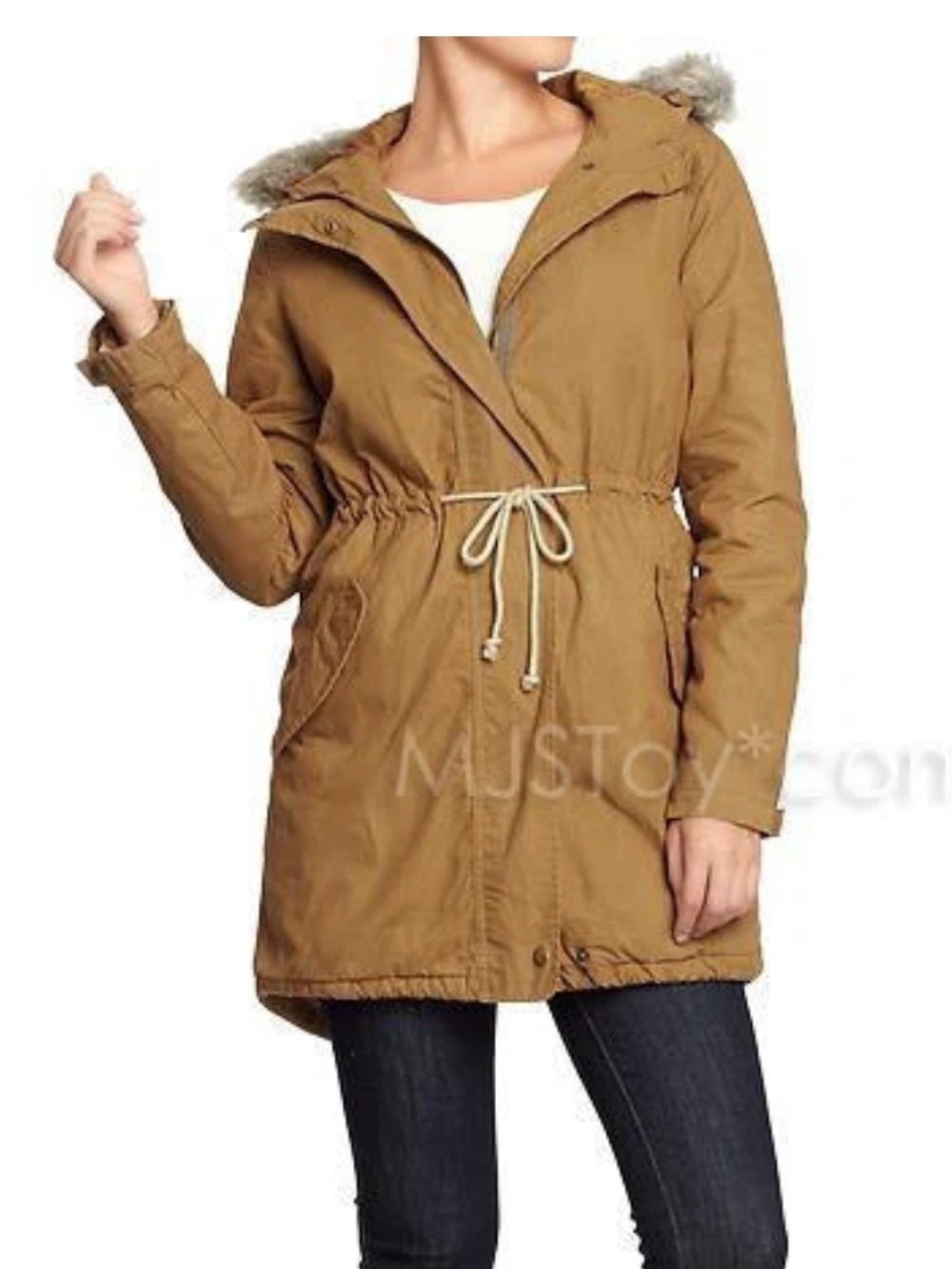 Old Navy Faux Fur Trim Hood Utility Jacket Drawstring Zip and Button Caramel XL